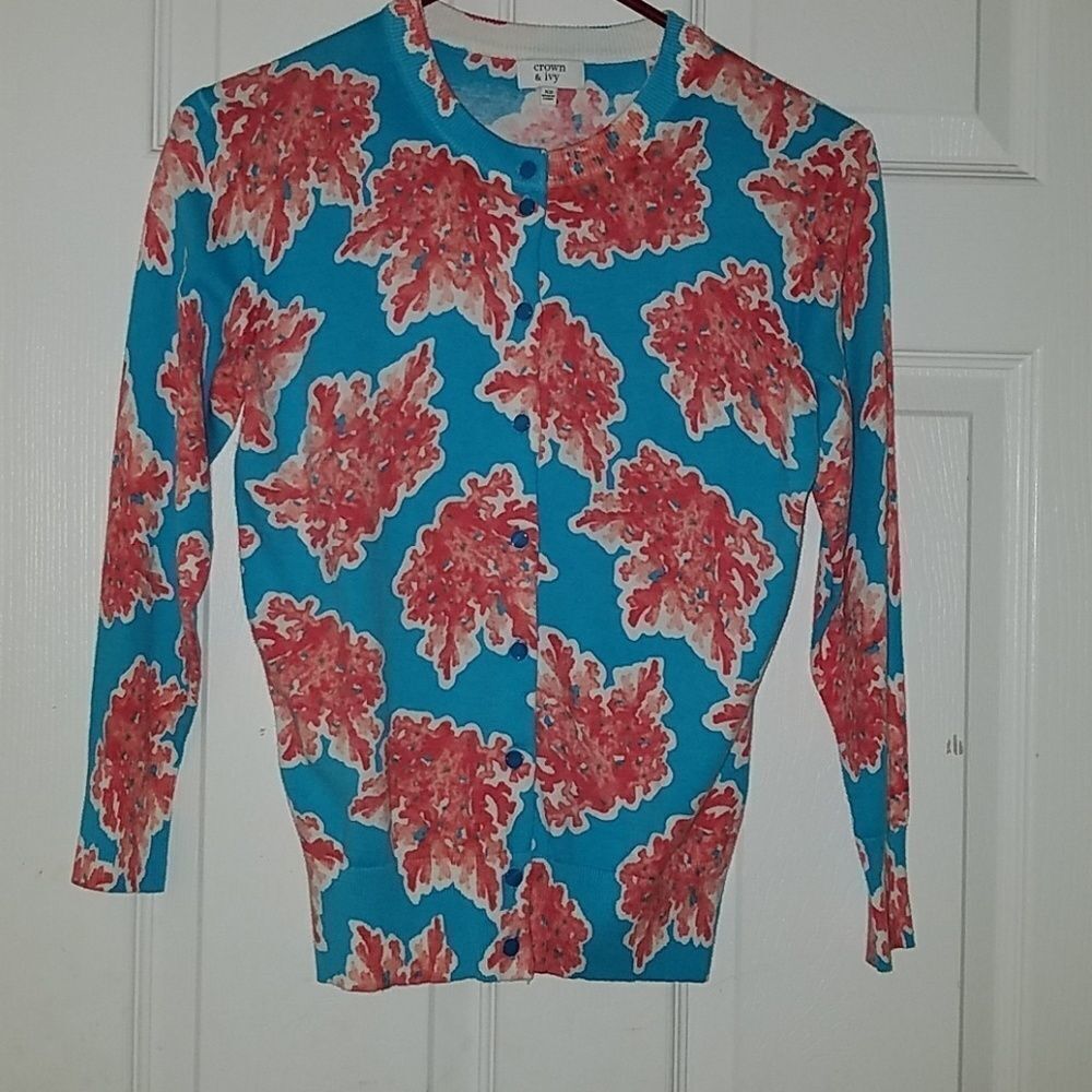 Crown & Ivy cardigan turquois coral reef print Sz XS NWOT